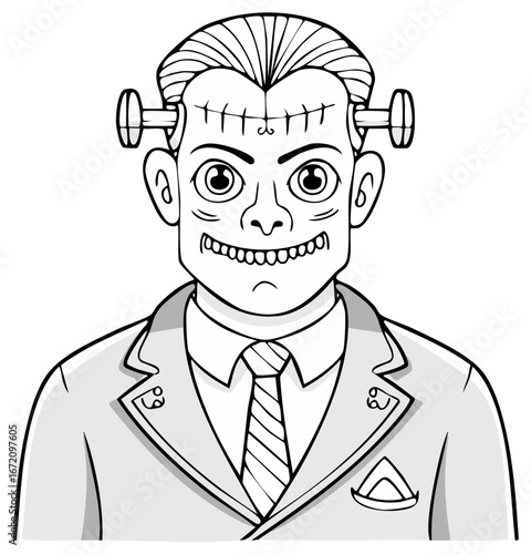 Cartoon Monster Character with Bolts in Head Wearing a Suit and Tie