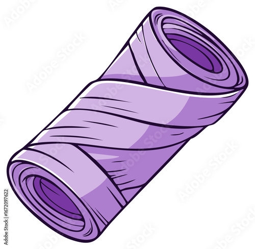 Rolled purple towel cartoon illustration, perfect for home, bathroom, or yoga studio