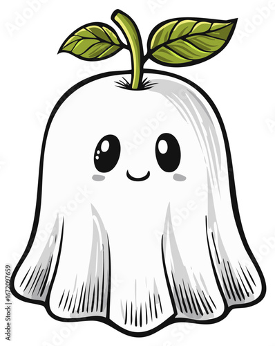 Cute kawaii ghost character shaped like an apple with a leaf stem