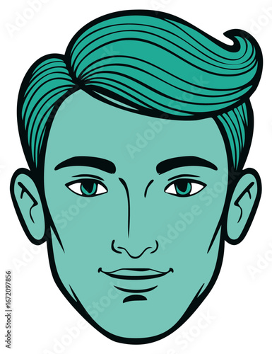 Illustration of a man's face with teal color design