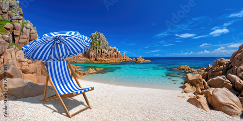 Fototapeta Naklejka Na Ścianę i Meble -  Deckchair and beach umbrella inviting to relax on a sunny beach in sardinia, italy