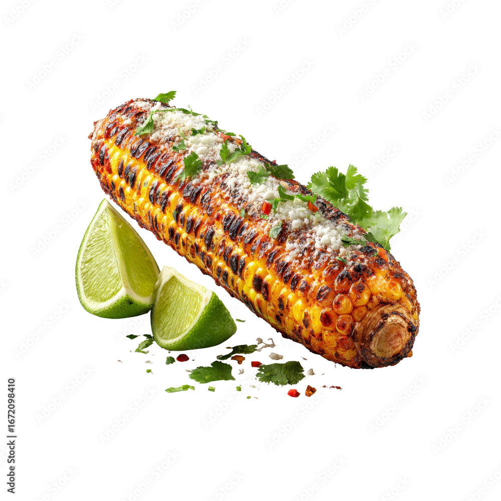 Fototapeta premium Grilled Elote with Cotija Cheese, Lime, and Cilantro