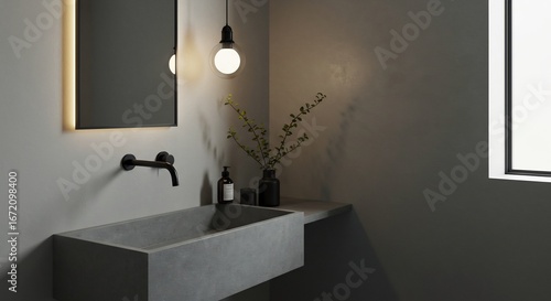 モダンな洗面台 静かな光が優しく照らす ミニマルな空間. AI Generated