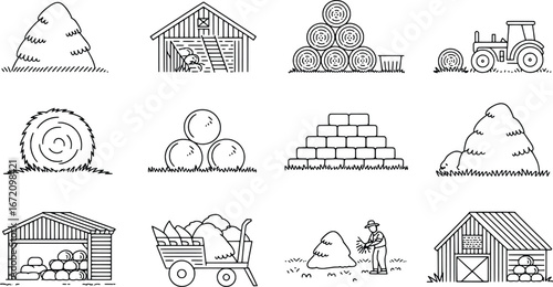 Farm harvest and storage collection sketches showing hay bales barns and agricultural scenes