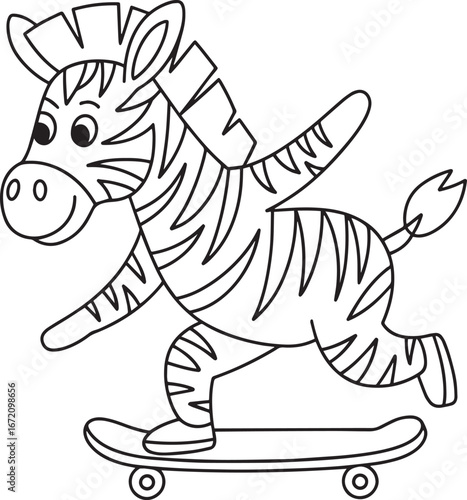 Zebra on Skateboard Outlined Illustration Animal Athlete Cartoon Character Sporty Fun Design