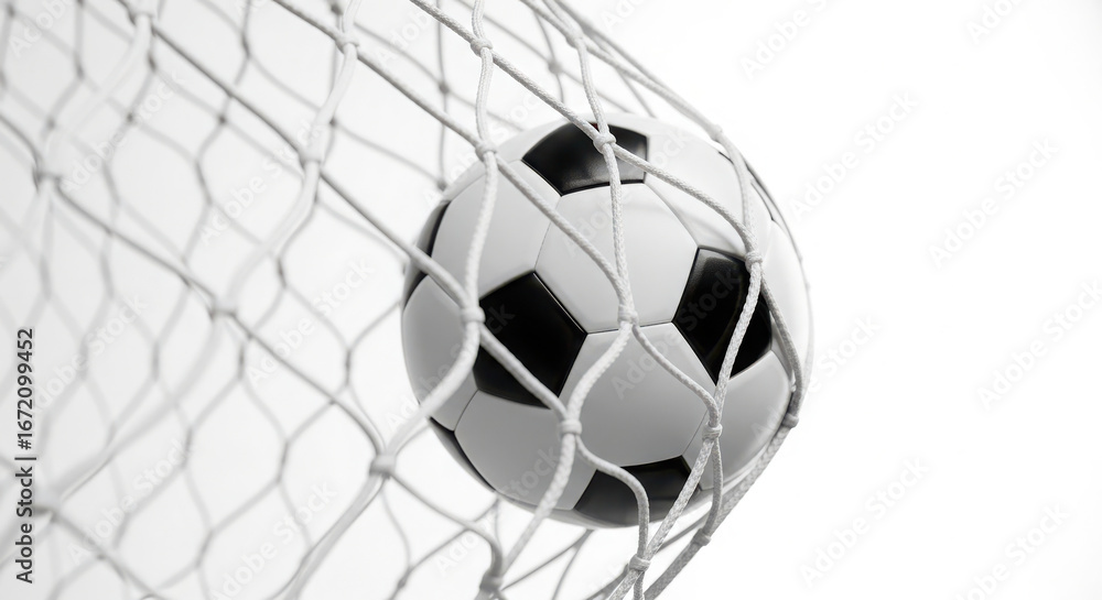 Naklejka premium Soccer ball caught in a net close up black and white