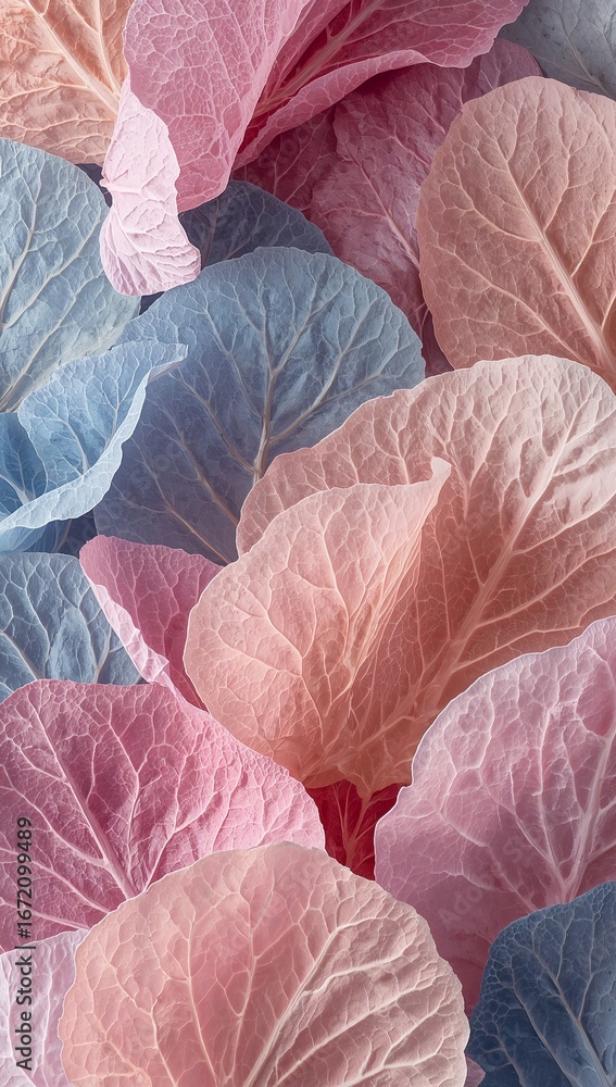 Obraz premium Minimalist pastel cabbage leaves layered softly glowing faintly beneath muted tones across balanced calming canvas