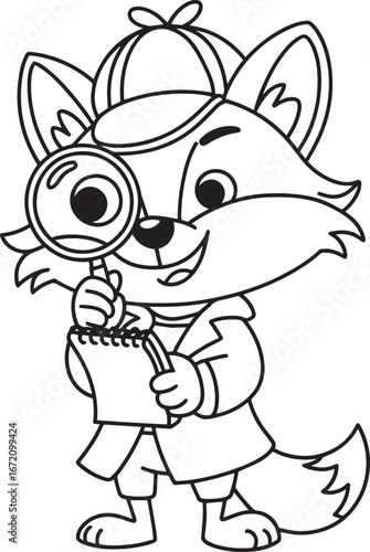 Fox Detective Cartoon Character Line Art Holding Magnifying Glass and Notebook Design