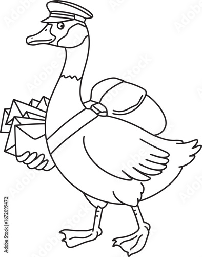 Goose Postman Delivering Letters Outline Cartoon Character Illustration for Children