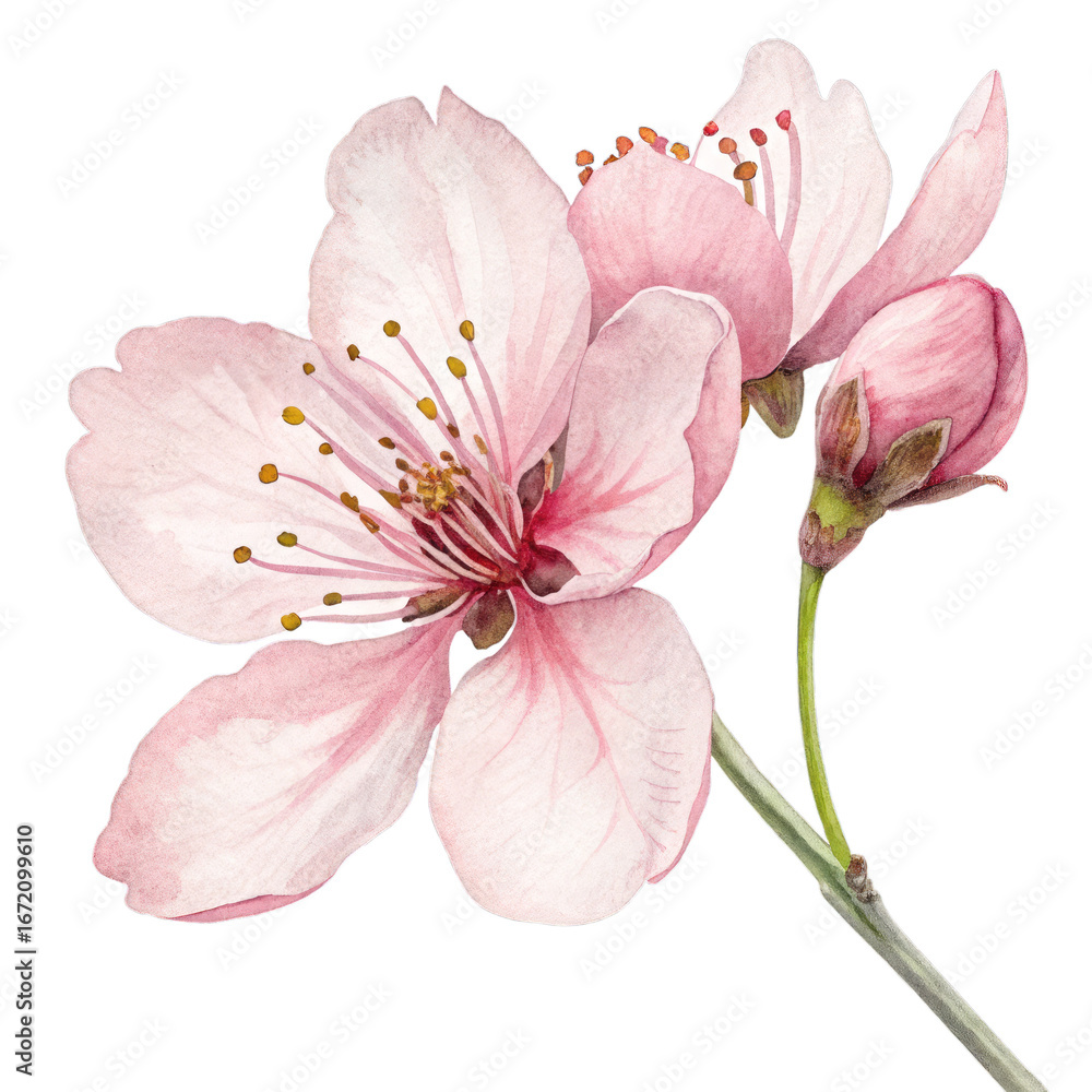 Naklejka premium Delicate pink cherry blossom watercolor painting isolated on a transparent background flower