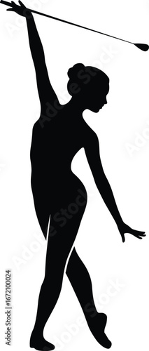 Silhouette of rhythmic gymnast with ribbon, graceful dancer, elegant pose, artistic performance, ballet, gymnastics, sport silhouette, rhythmic sport, female athlete, rhythmic ribbon dance