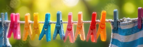 A colorful array of clothes pegs clinging to a taut clothesline, drying laundry in the sunshine Perfect for spring, summer, or laundry-related projects , sunshine, clothespins