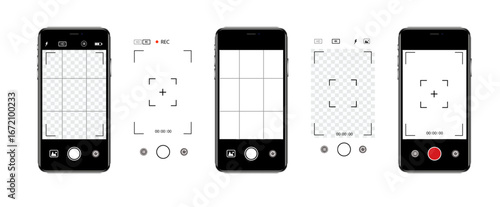 Viewfinder Camera interface in phone screen. Photo, video ui in cellphone. App for record from mobile cam. Grid, focus, button and rec. Smartphone mockup. Vector.