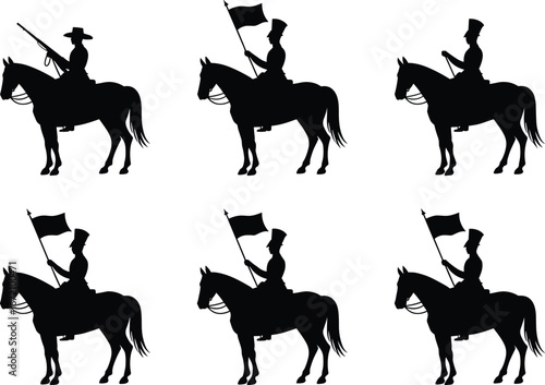Silhouette of horse riders with flags and rifles, historic cavalry, mounted soldiers, vintage military, horseback, cavalry parade, old-style war, flag bearers, vintage soldiers