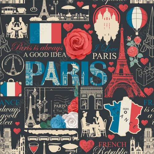 Seamless pattern on France,  Paris theme with inscriptions, landmarks, map and flag. T-shirt design, travel postcard. Wallpaper, wrapping paper. Valentine's Day. Language school. No AI 