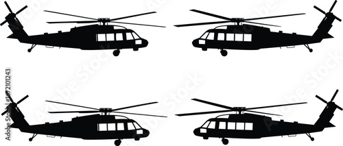 Black helicopter silhouette in various angles, aviation, flying aircraft, rotor blades, military helicopter, transport, travel, silhouette vector illustration