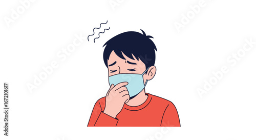 Illustration of a young boy wearing a mask feeling unwell with a cough or sneeze and worried expression