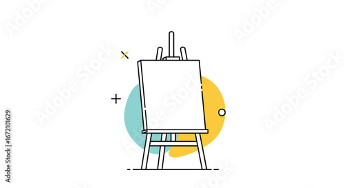 Modern art easel with blank canvas and abstract colorful shapes background for creative expression and artistic projects