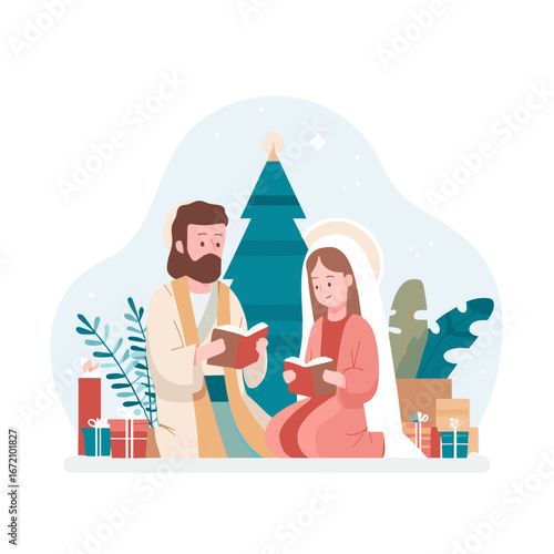 Holiday scene with Jesus and a girl reading together near a decorated Christmas tree and presents during a holiday celebration
