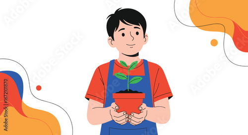 A gardener carefully tending to a young green sprout in a bright orange pot