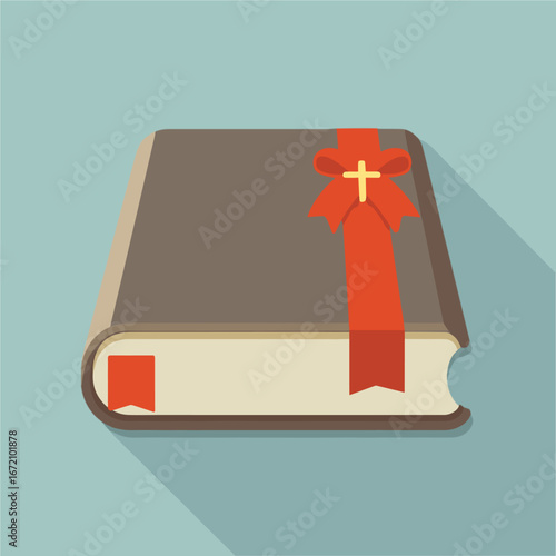 Decorative book with red ribbon and cross detail on a light blue background for religious occasions