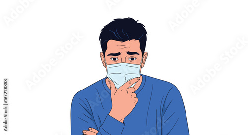 Close up of a man wearing a medical face mask feeling unwell and worried about his health during the pandemic