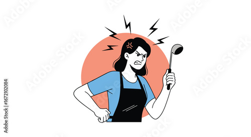 Furious chef with ladle shows frustration in the kitchen during service hours