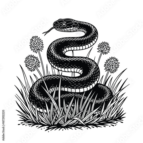 A coiled black snake with a forked tongue illustrated in a vintage woodcut style amidst grass and flowers.