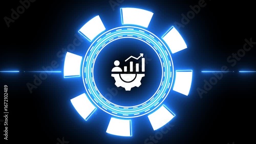 Digital HUD with gear, person, and growth chart icon in a glowing blue circle interface technology