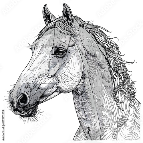 A detailed black and white handdrawn sketch of a majestic horses head in profile.