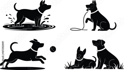 Diverse silhouettes of dogs enjoying outdoor activities and companionship