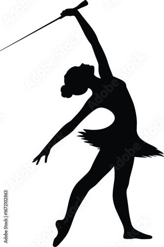 Silhouette of rhythmic gymnast dancing, ballet dancer with ribbon, artistic pose, female performer, graceful movement, ballet tutu, vector black illustration
