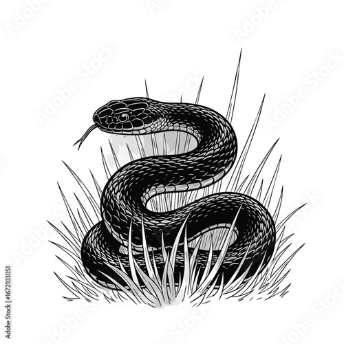 A detailed black and white ink illustration of a coiled snake with a forked tongue in tall grass.