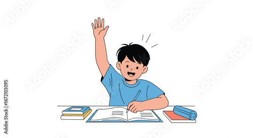 A young student eagerly raises his hand in a classroom ready to share his thoughts and ideas