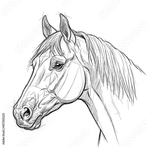 A detailed black and white line art sketch of an elegant horse head portrait.