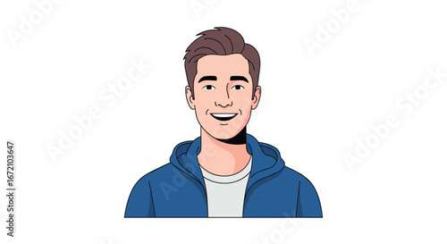 Friendly young man smiling enthusiastically wearing a blue hoodie with a white t-shirt underneath isolated on white background