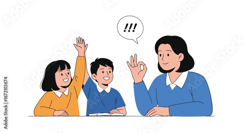 Engaged students raising hands eager to answer questions in a classroom setting with a teacher acknowledging them positively and giving approval