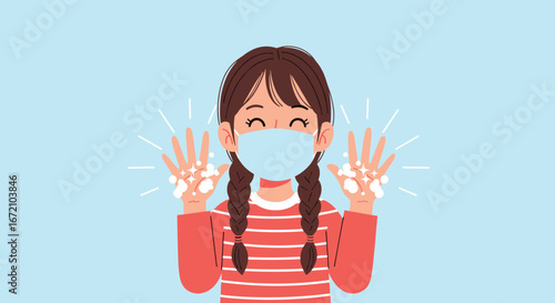 A young girl wearing a face mask enthusiastically washes her hands with bubbling soap demonstrating good hygiene practices