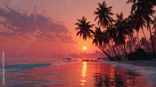 Tropical Sunset Palm Trees Ocean Beach Paradise