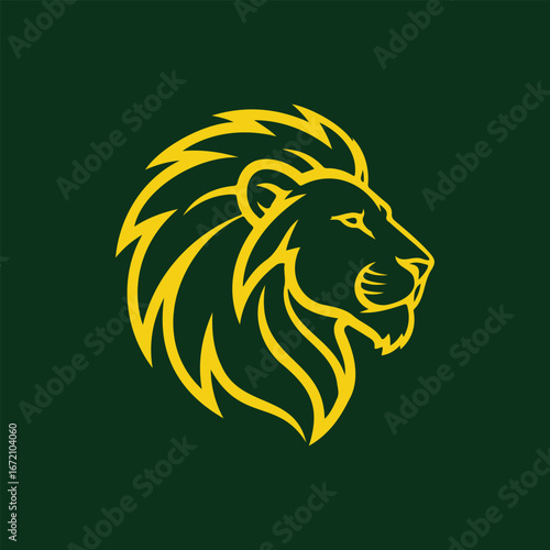 Lion head Royal Logo in gold on a green background, Symbolizing strength, royalty, regal and strong