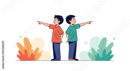 Two young boys pointing in opposite directions with colorful plants around them celebrating childhood and friendship