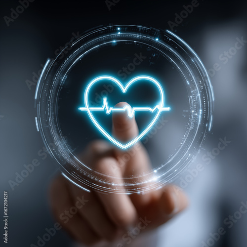 A doctor touching a glowing heart icon on a futuristic digital interface, symbolizing patient care, health monitoring, digital health and smart healthcare systems.