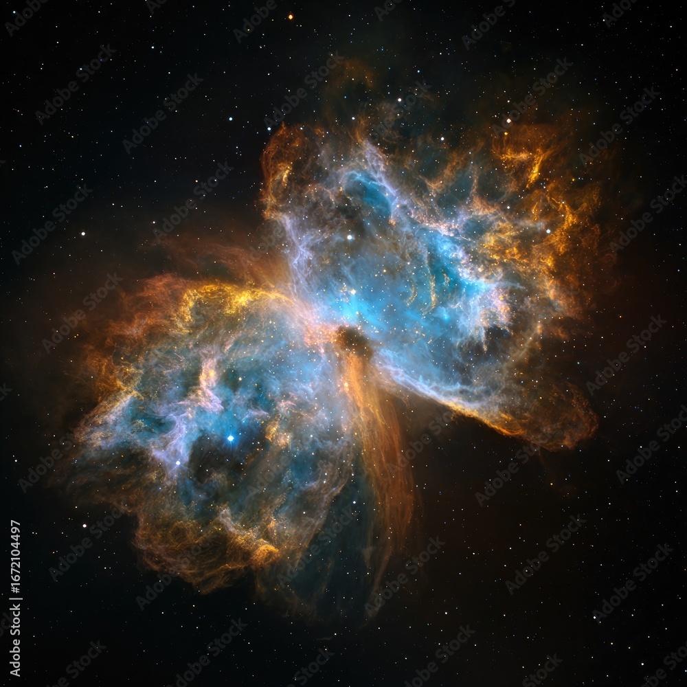 Obraz premium A vibrant, celestial nebula resembling a butterfly, showcasing intricate, swirling patterns of blue, orange, and gold hues against a dark, star-studded backdrop.