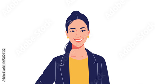 A happy young woman with dark hair styled in a ponytail wearing a yellow top and dark jacket smiling brightly in a professional setting