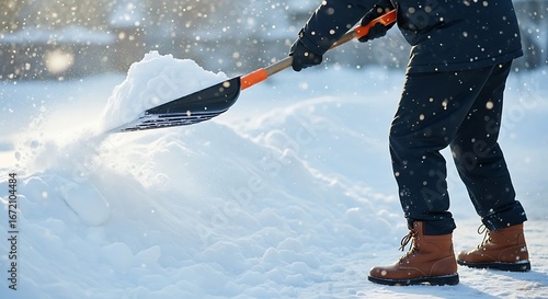Close-up of person in winter boots shoveling fresh snow with a black and orange shovel during a snowfall