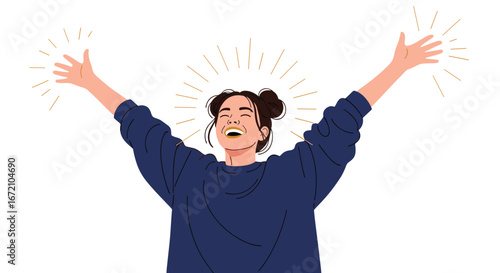 Joyful young woman celebrating success with open arms and radiant energy bursting forth