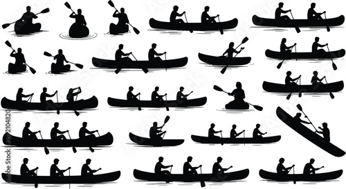Diverse kayaking silhouettes people paddling canoes in various group configurations and activities