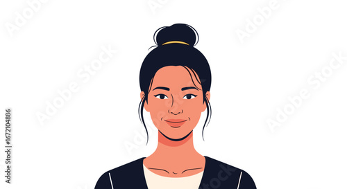 Professional young woman with updo hairstyle and smart casual attire smiling and looking confident