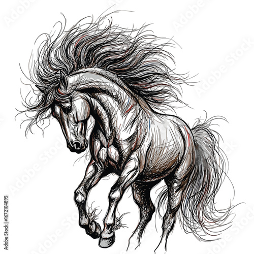 A powerful handdrawn sketch of a majestic horse rearing up with a wild flowing mane and tail.