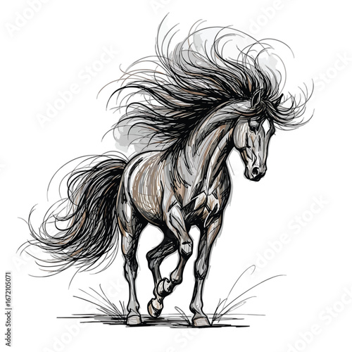 Artistic black and white sketch of a majestic horse with a long flowing windblown mane.